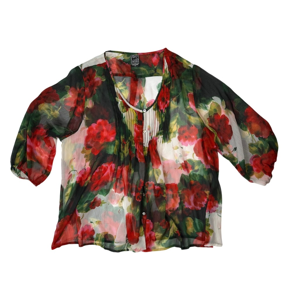 Casual Studio Cottagecore Floral Womens Blouse Sheer Pleated Red Size 1X